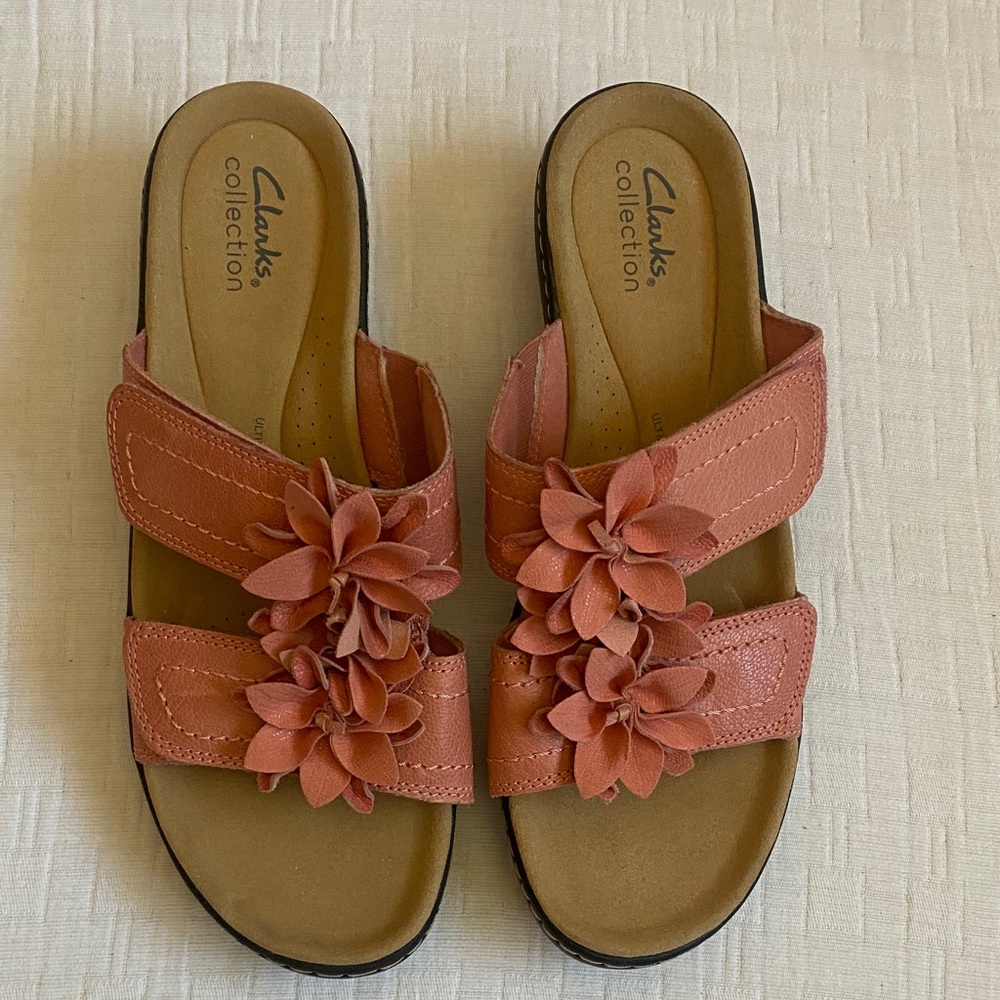 CLARKS  Pink Floral Double-Strap Slide Sandals - Picture 2 of 8